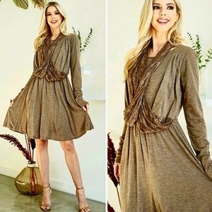 A'reve Long Sleeve Heather Knit Dress Brown Attached Lace Scarf Size Small
